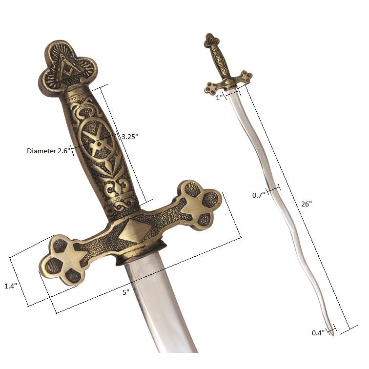 Masonic Ceremonial Snake Flaming Sword Square Compass Cross Swords + Free Case - Bricks Masons