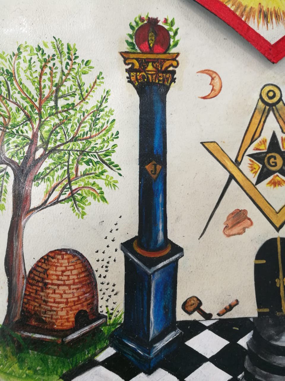 The Two Pillars of Jachin and Boaz Hand-Painted Masonic Lambskin Apron - Bricks Masons