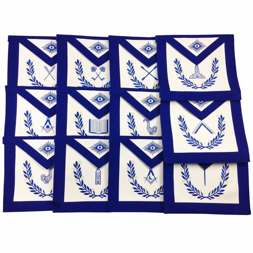 Officers Blue Lodge Officer Apron Set - Royal Blue Ribbon Machine Embroidery (Set of 12) - Bricks Masons