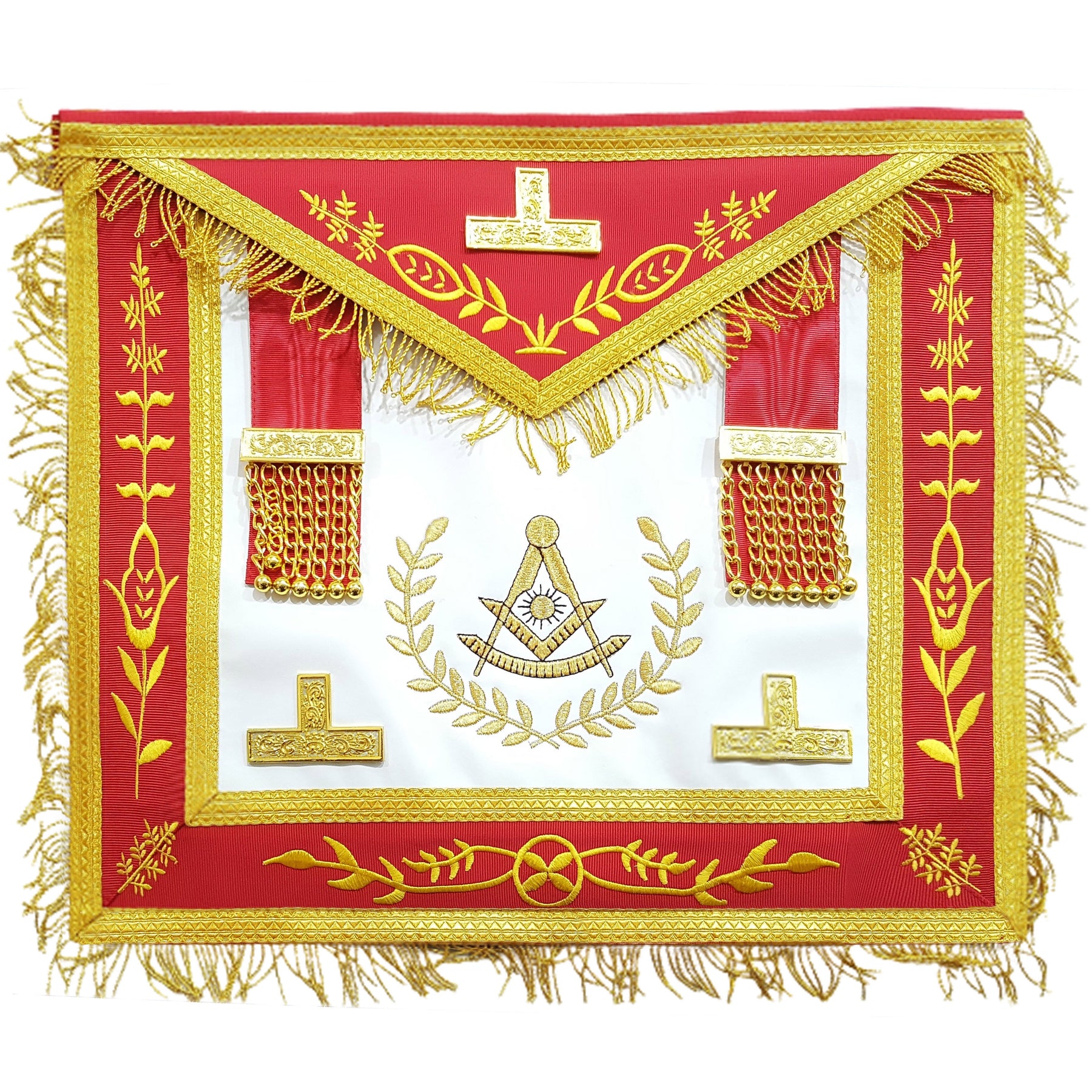 Past Master Blue Lodge Apron - Red Gold Machine Embroidery - Bricks Masons