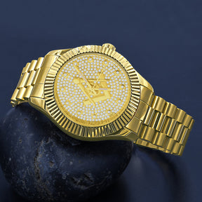 Golden Masonic Iced Out Metallic Watch - Bricks Masons