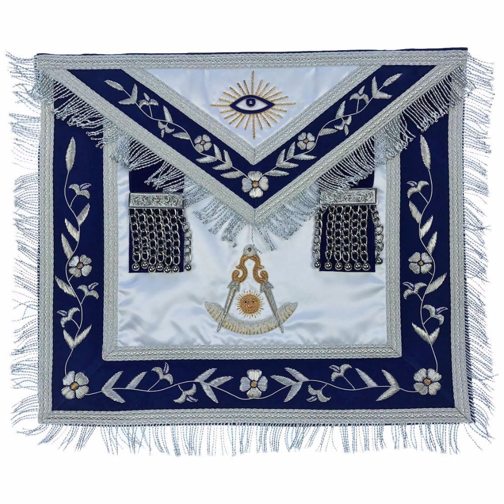 Past Master Blue Lodge Apron - White & Blue Silk with Bullion Embroidery - Bricks Masons