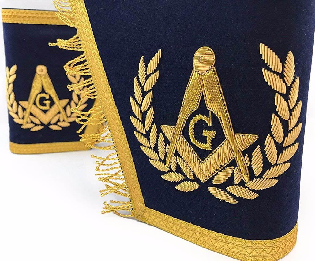 Master Mason Blue Lodge Cuff - Navy Blue Hand Embroidery Square & Compass G - Bricks Masons