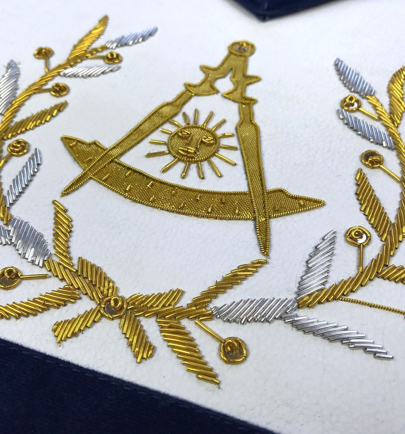 Past Master Blue Lodge Apron - Bullion Gold & Silver Hand Embroidery - Bricks Masons