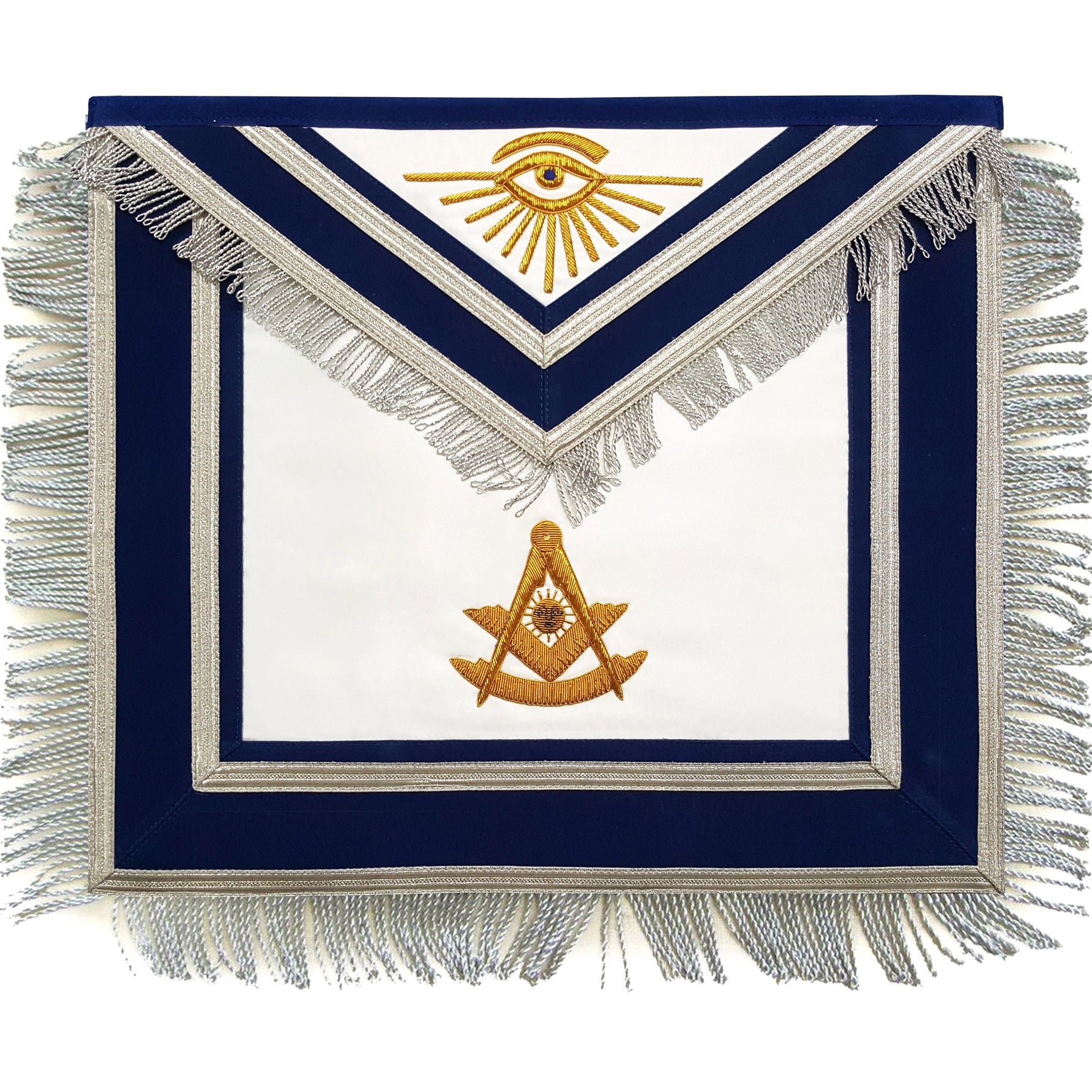 Past Master Blue Lodge Apron - Gold Hand Embroidered with Silver Fringe - Bricks Masons