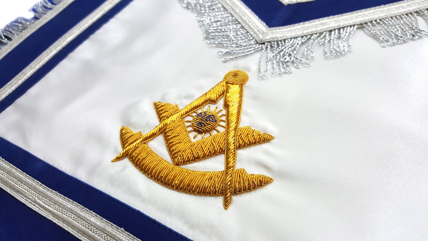 Past Master Blue Lodge Apron - Gold Hand Embroidered with Silver Fringe - Bricks Masons