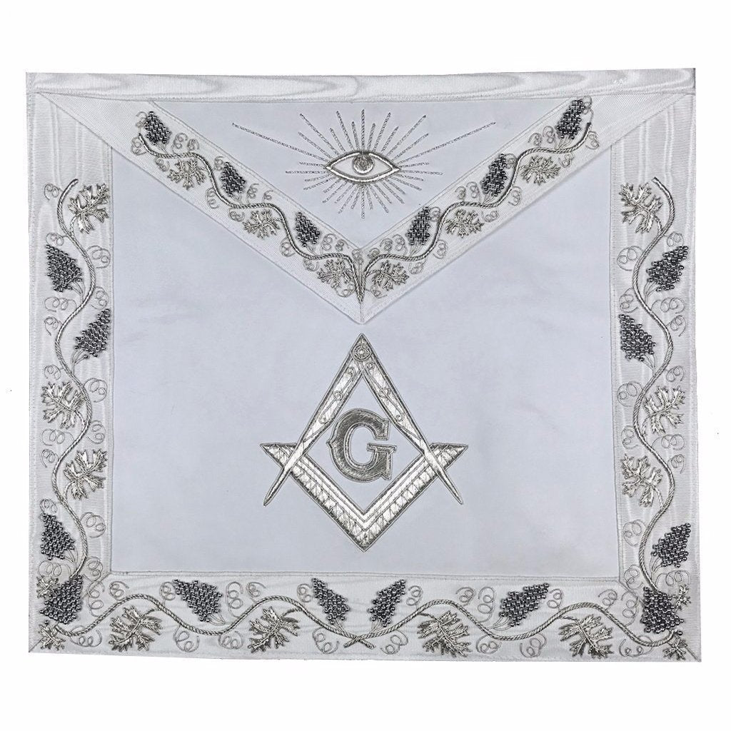 Master Mason Blue Lodge Apron - White Moire Ribbon with Silver Hand Embroidery - Bricks Masons