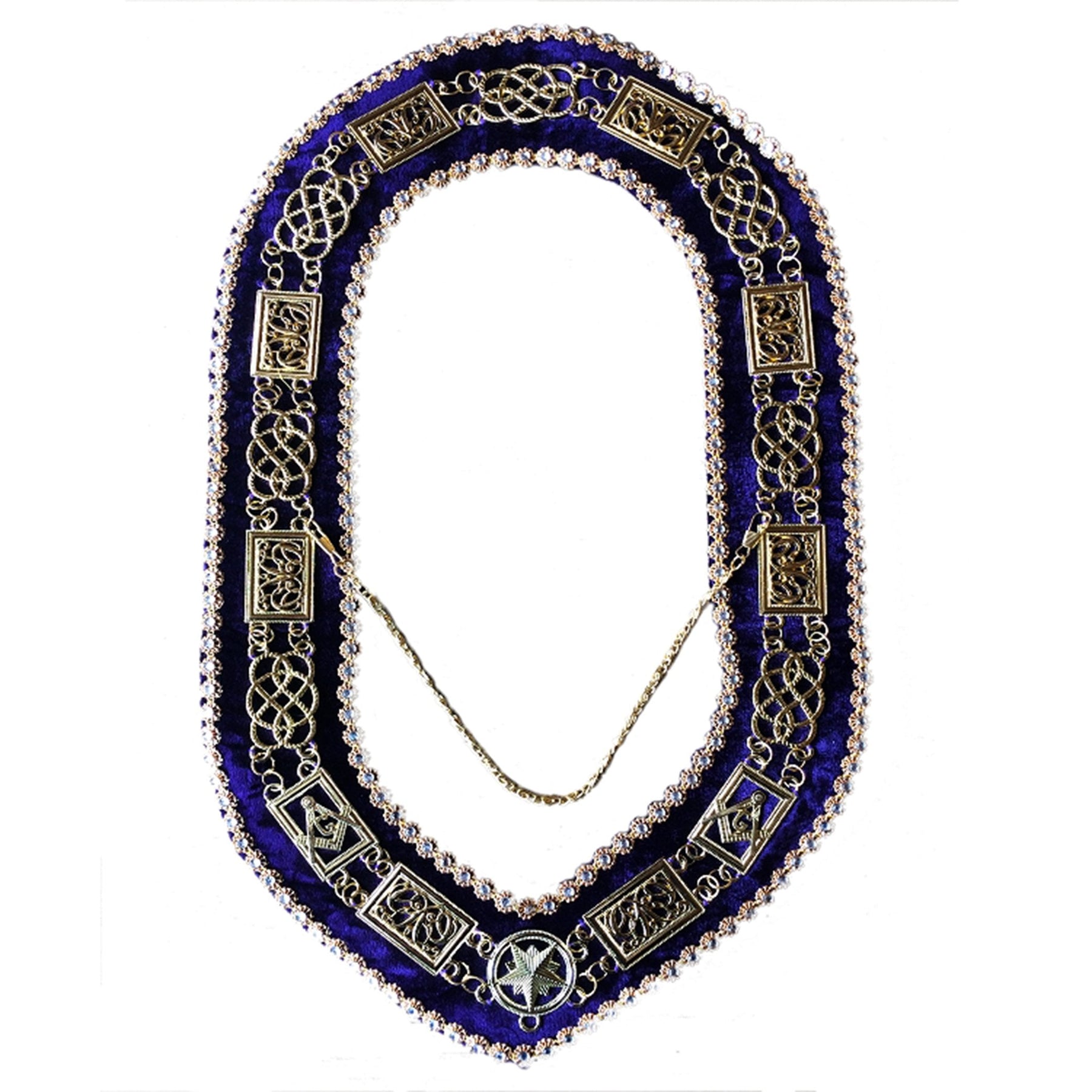 Grand Lodge - Chain Collar with Rhinestones - Gold/Silver on Purple Velvet - Bricks Masons