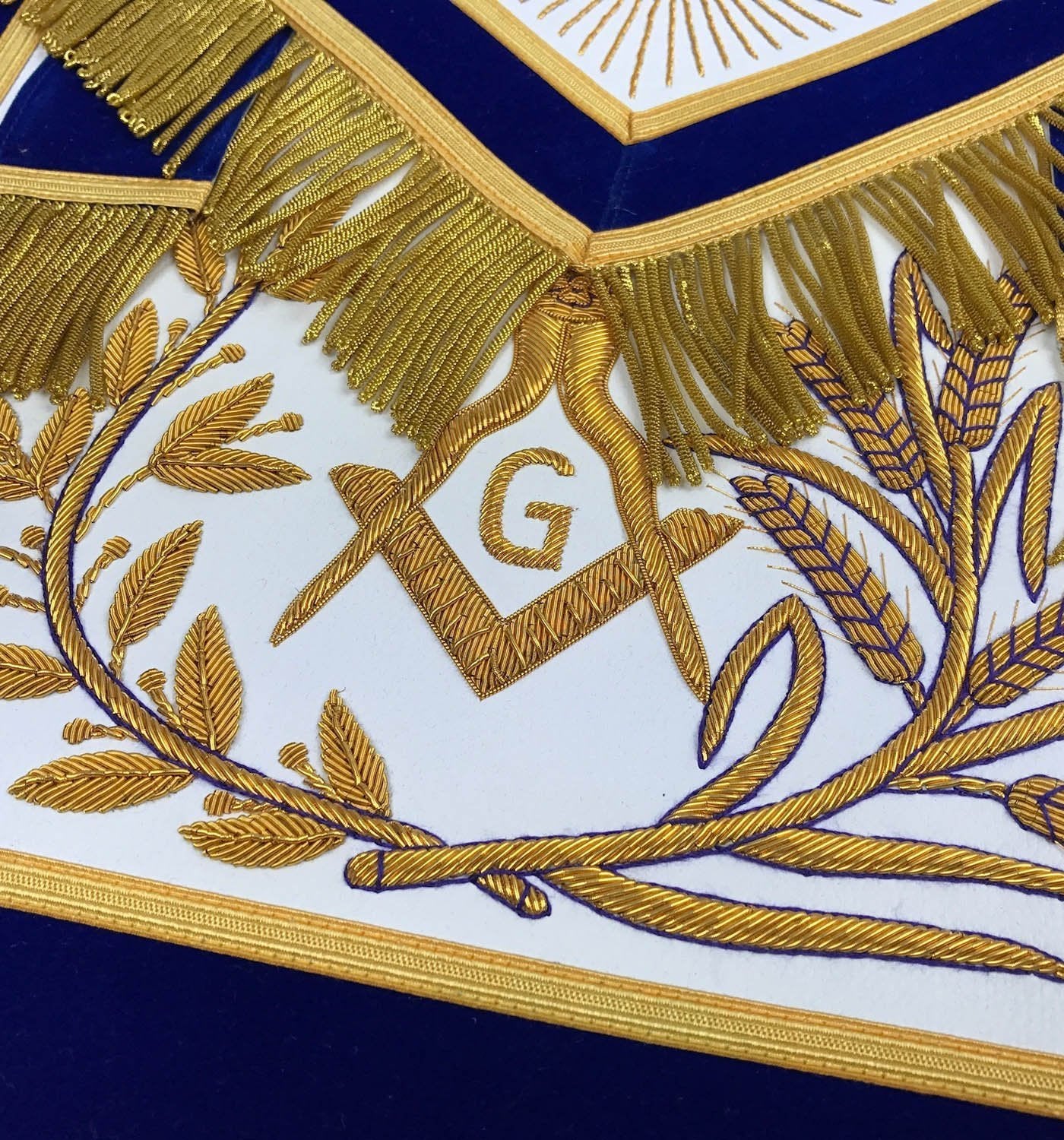 Master Mason Blue Lodge Apron - Blue Velvet with Gold Fringe Hand Embroidered - Bricks Masons