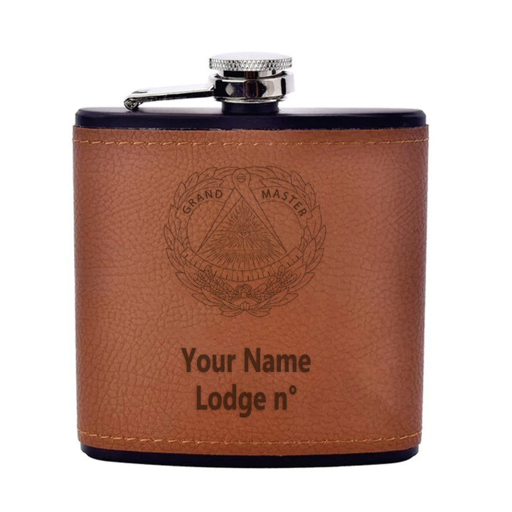 Grand Master Blue Lodge Flask - Leather & Stainless Steel - Bricks Masons