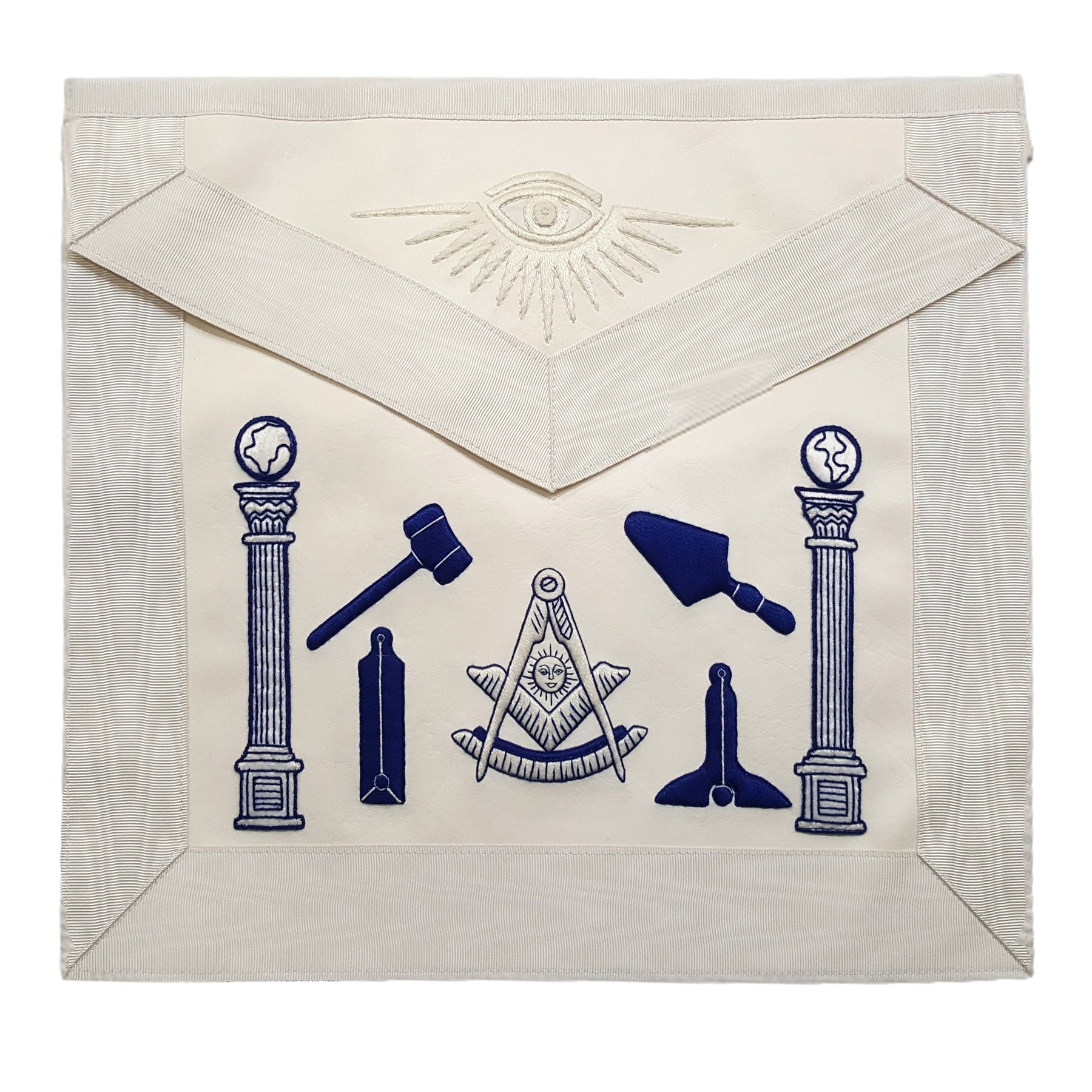 Past Master Blue Lodge Apron - Hand Embroidered Royal Blue & White Silk Thread. - Bricks Masons