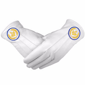 Master Mason Blue Lodge Glove - White Leather with Yellow and Blue Square & Compass G - Bricks Masons