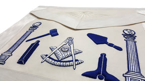 Past Master Blue Lodge Apron - Hand Embroidered Royal Blue & White Silk Thread. - Bricks Masons