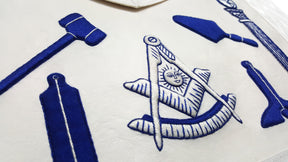 Past Master Blue Lodge Apron - Hand Embroidered Royal Blue & White Silk Thread. - Bricks Masons