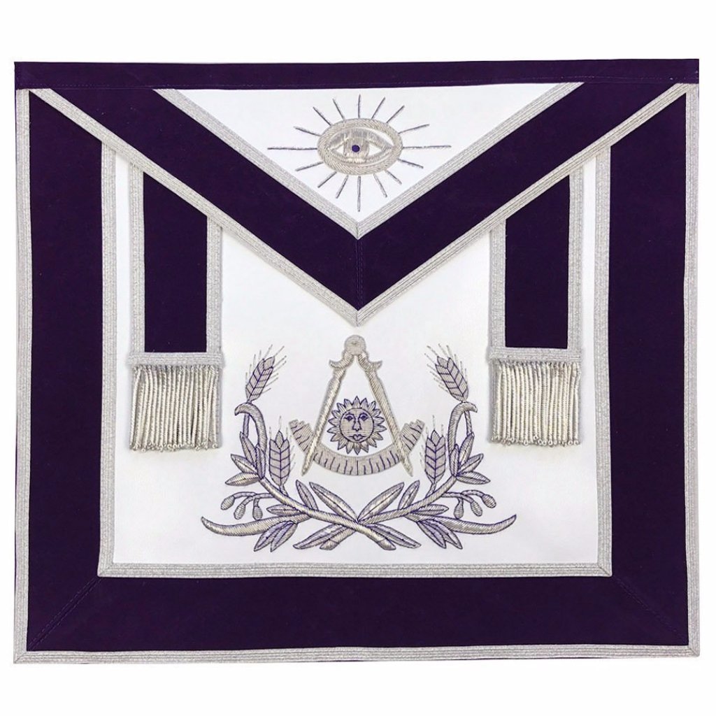 Past Master Blue Lodge Apron - Purple Velvet with Silver Hand Embroidery - Bricks Masons