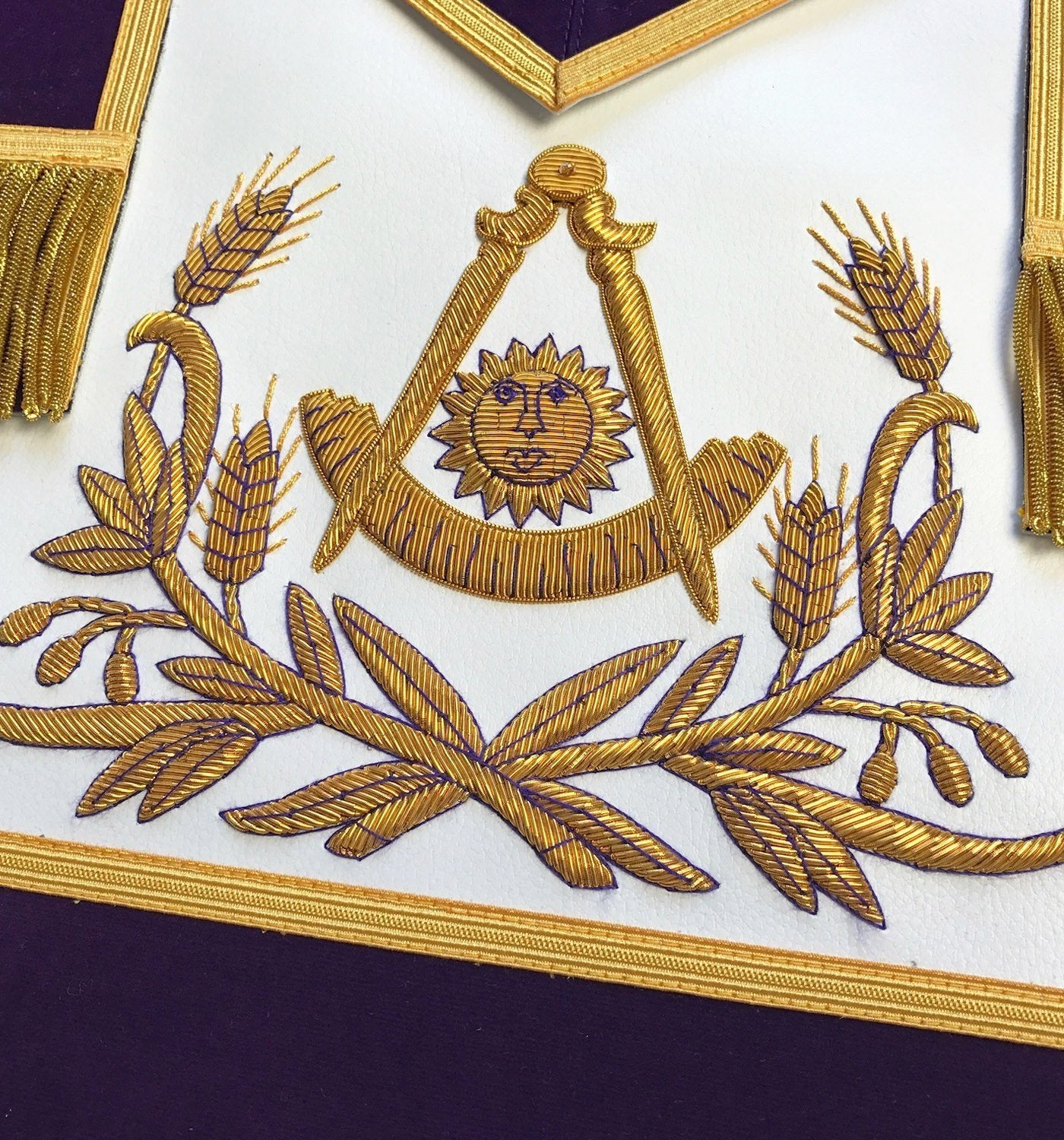 Past Master Blue Lodge Apron - Purple Velvet with Gold Hand Embroidery - Bricks Masons