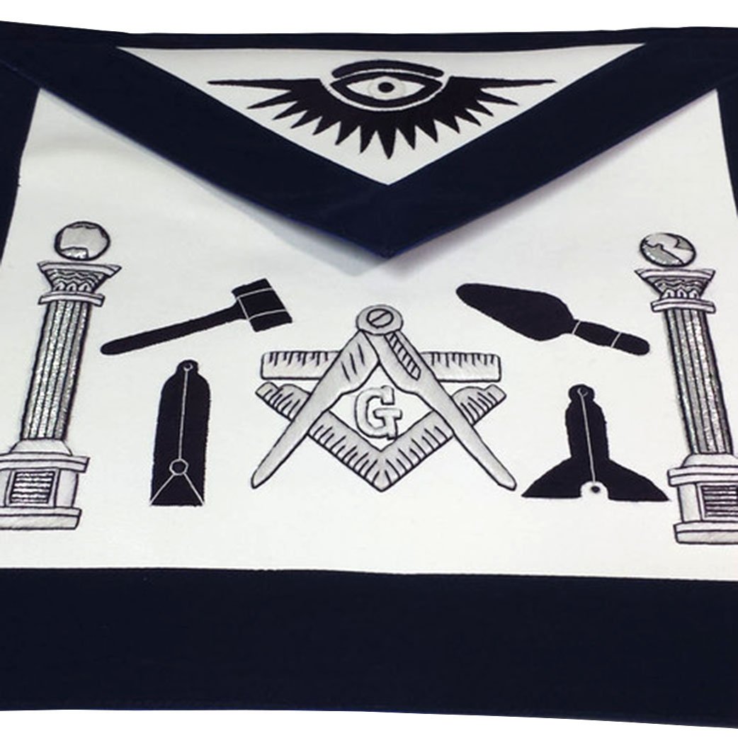 Master Mason Blue Lodge Apron - Navy Blue & White Silk Threads Hand Embroidery - Bricks Masons