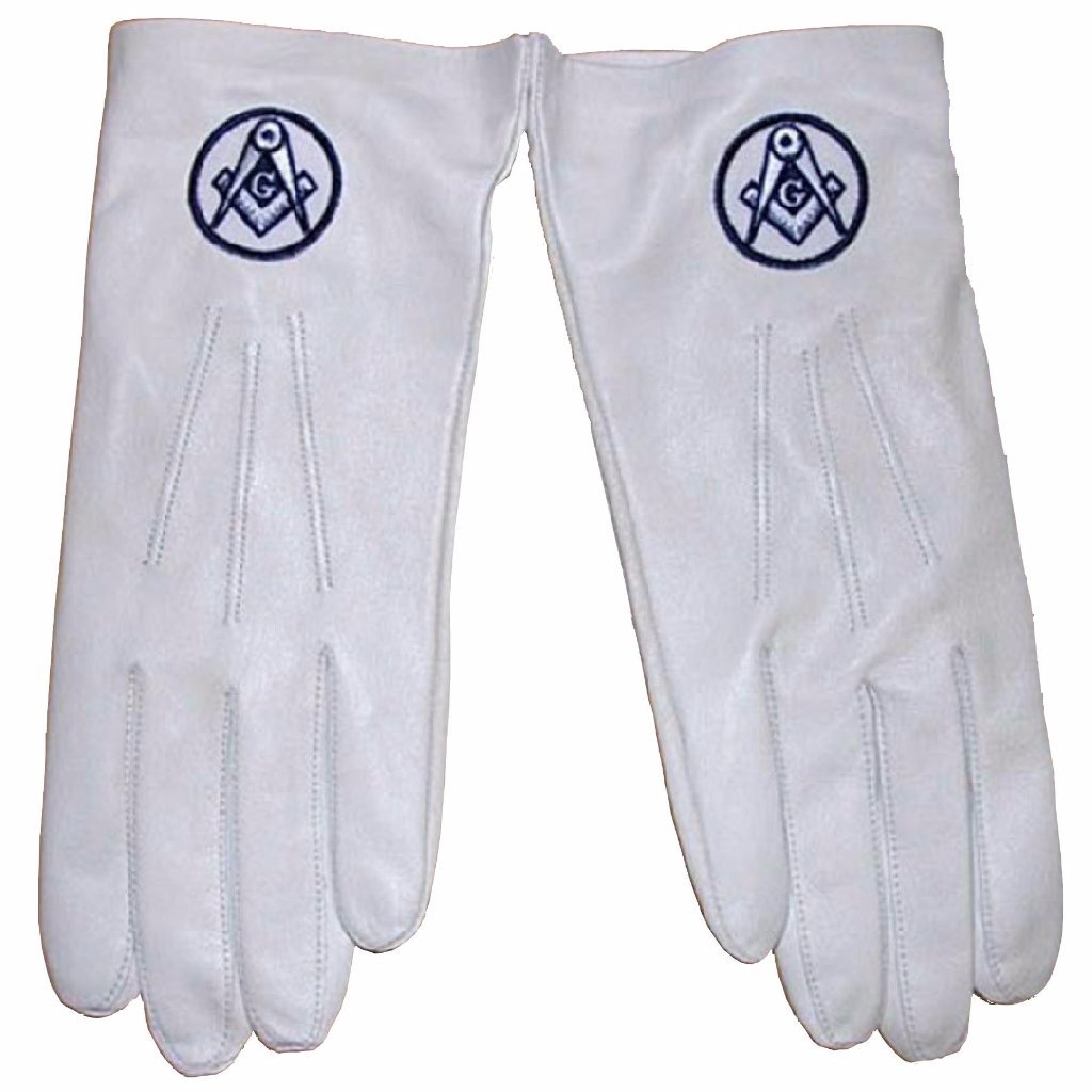 Master Mason Blue Lodge Glove - White Leather with Square & Compass G Embroidery - Bricks Masons