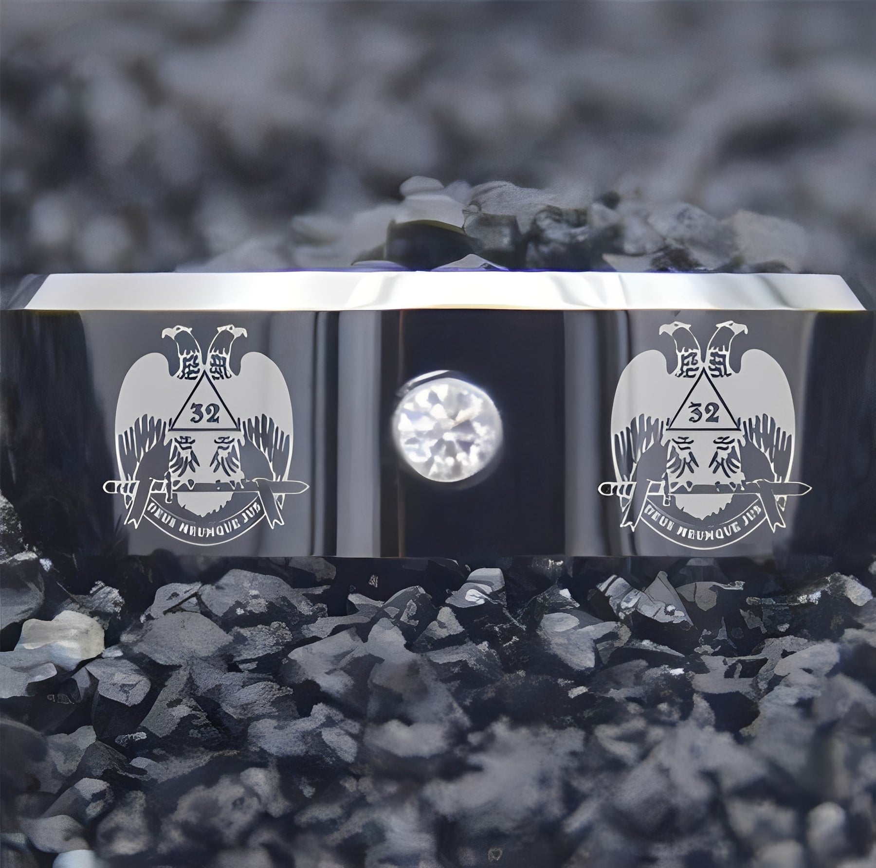 32nd Degree Scottish Rite Ring - Wings Down Black Silver Bevel With CZ Stone - Bricks Masons