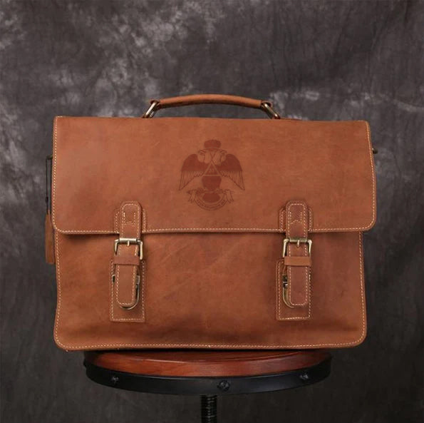 33rd Degree Scottish Rite Briefcase - Wings Down Handmade Leather - Bricks Masons