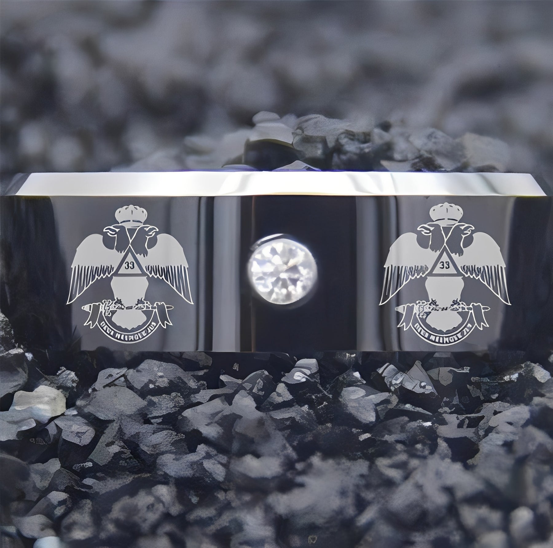33rd Degree Scottish Rite Ring - Wings Down Black Silver Bevel With CZ Stone - Bricks Masons