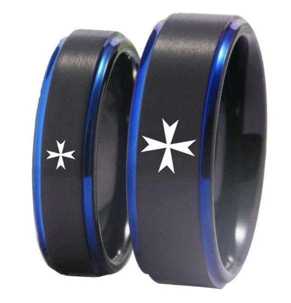 Order of Malta Commandery Ring - Black Blue Tungsten - Bricks Masons