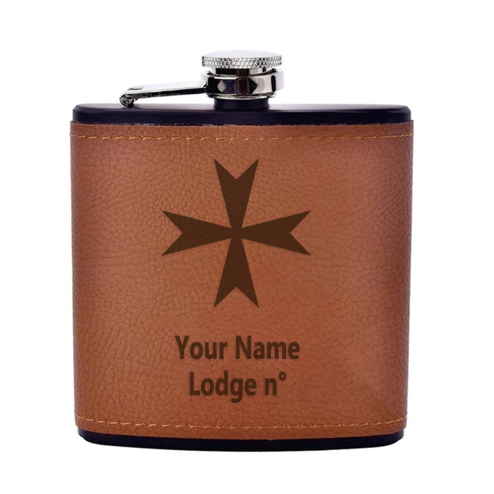 Order Of Malta Commandery Flask - Leather & Stainless Steel - Bricks Masons