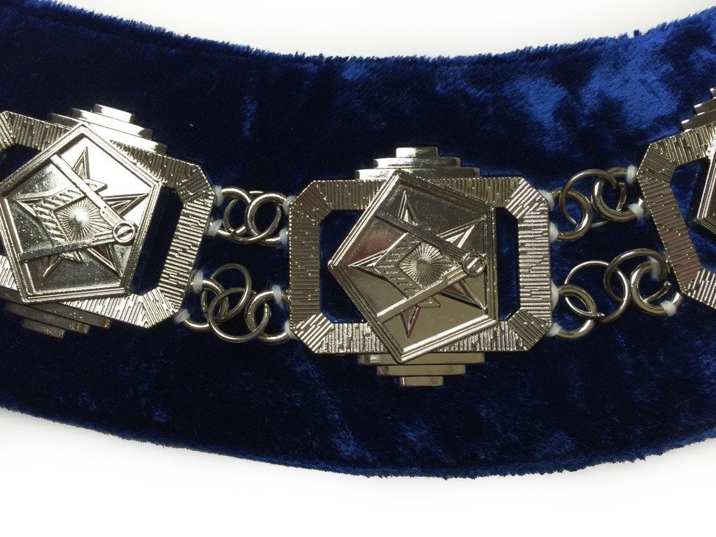 OES Chain Collar - Silver Plated on Blue Velvet - Bricks Masons