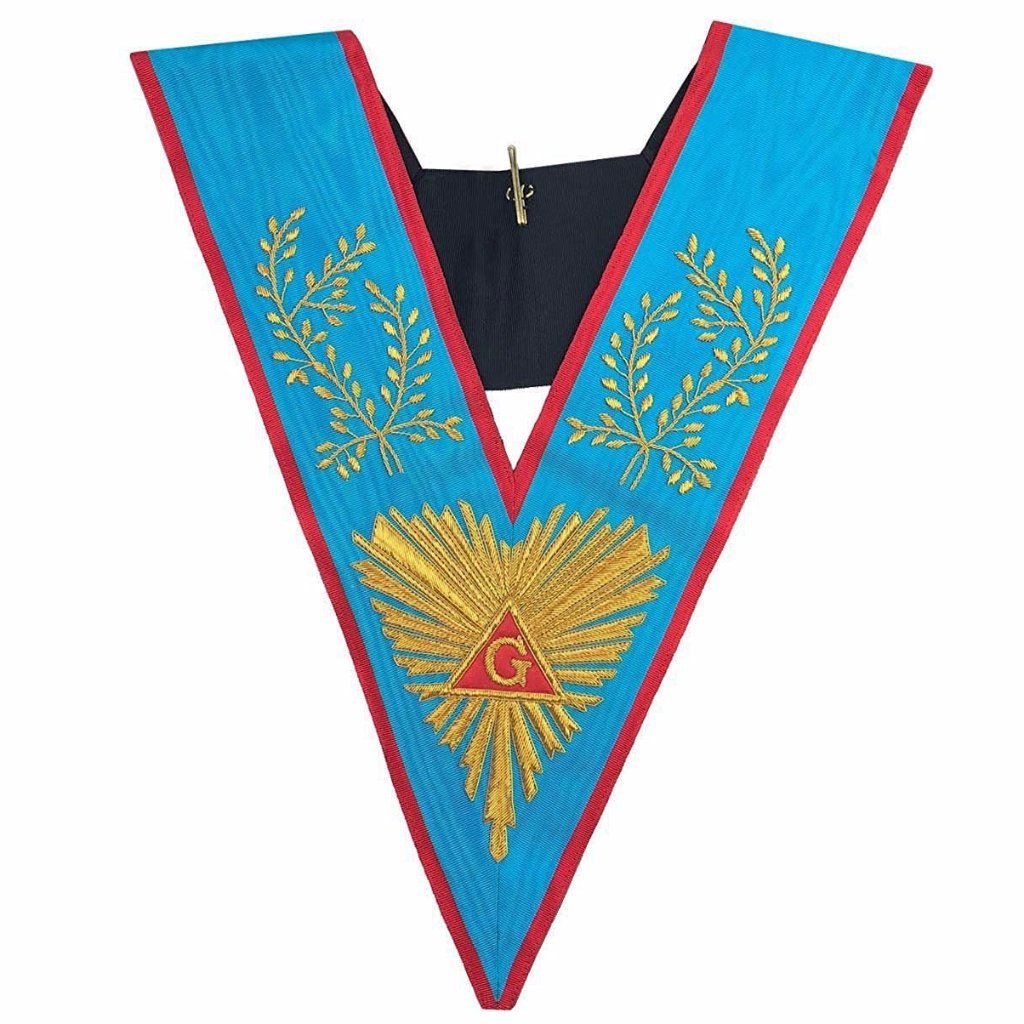 Worshipful Master Memphis Misraim French Regulation Collar - Sky Blue Moire with Pink Edges - Bricks Masons