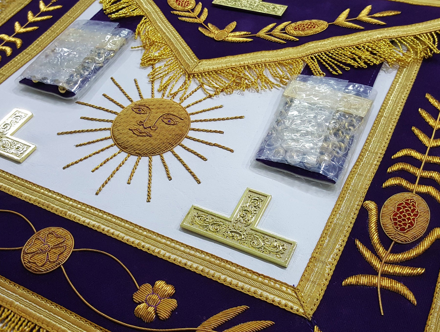Past Master Blue Lodge California Regulation Apron - Gold Sun & Vinework - Bricks Masons