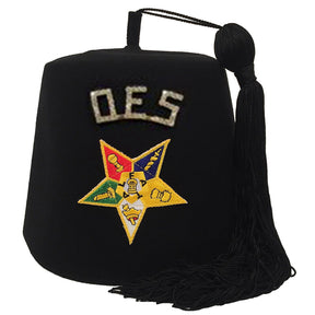 OES Fez Hat - Rhinestone 1 Black Machine Embroidered - Bricks Masons