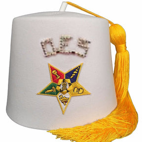 OES Fez Hat - Rhinestone 1 White Machine Embroidered - Bricks Masons