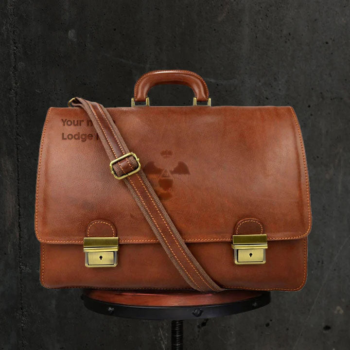33rd Degree Scottish Rite Briefcase - Wings Down Genuine Brown Leather - Bricks Masons