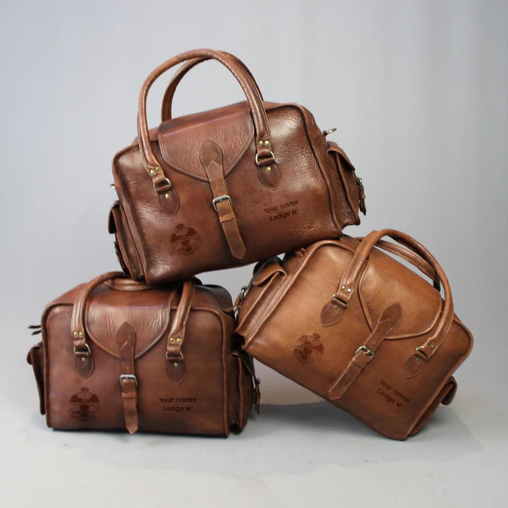33rd Degree Scottish Rite Travel Bag - Wings Down Vintage Brown Leather - Bricks Masons