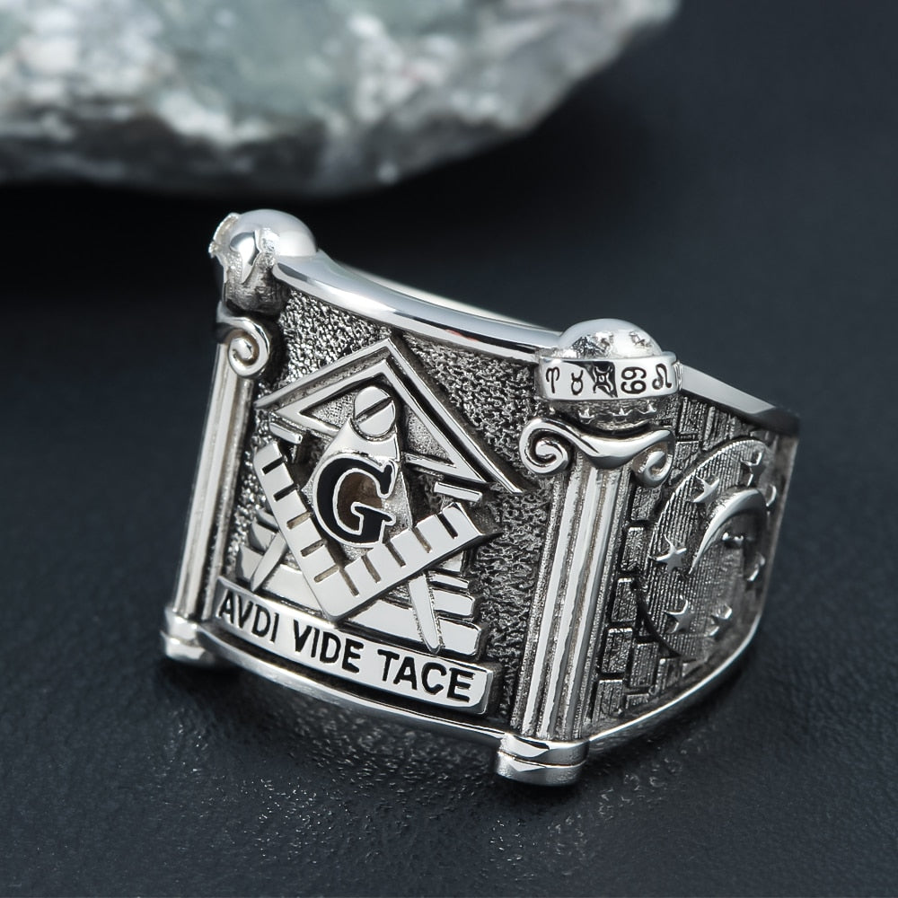 Master Mason Blue Lodge Ring - Sterling Silver Aude Vide Tace - Bricks Masons