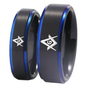 Black Blue Tungsten Masonic Design Ring FREE Engraving - Bricks Masons