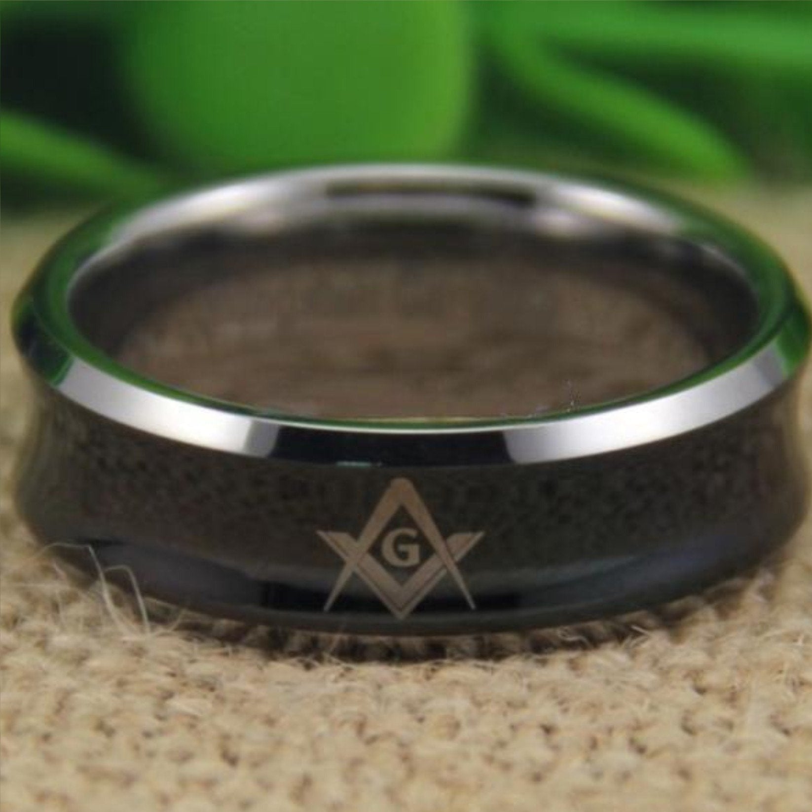Black Silver Edges Concave Masonic Tungsten Ring Free Engraving - Bricks Masons