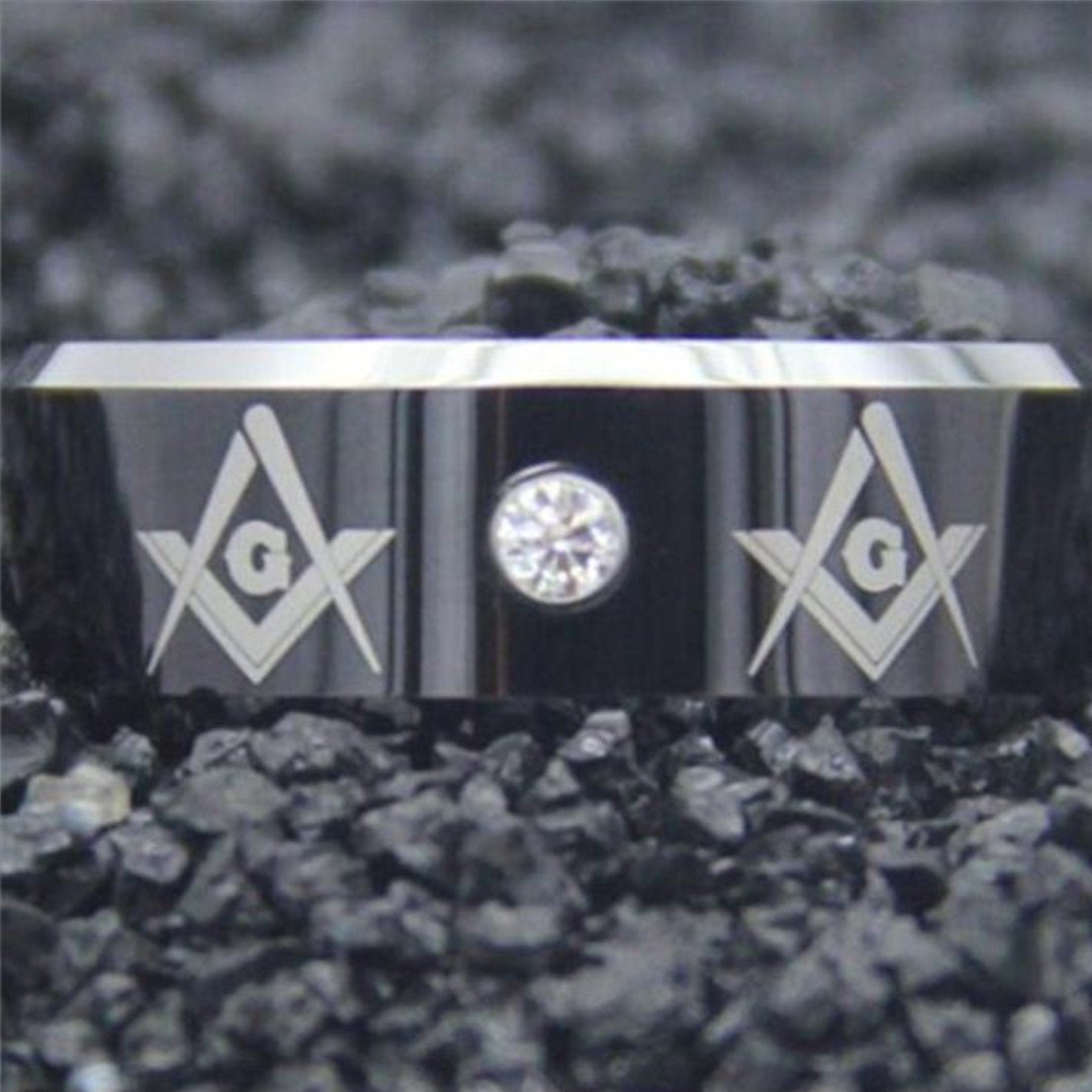 Black Top Silver Bevel With CZ Stone Masonic Tungsten Ring Free Engraving - Bricks Masons
