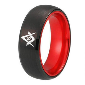 Black Tungsten with Red Anodized Aluminum Inlay Masonic Ring Free Custom Engraving - Bricks Masons
