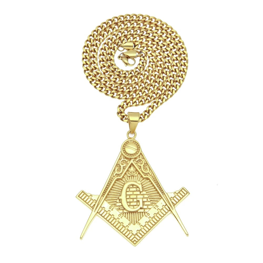 Master Mason Blue Lodge Necklace - All Seeing Eye Square and Compass G 316L Stainless Steel - Bricks Masons