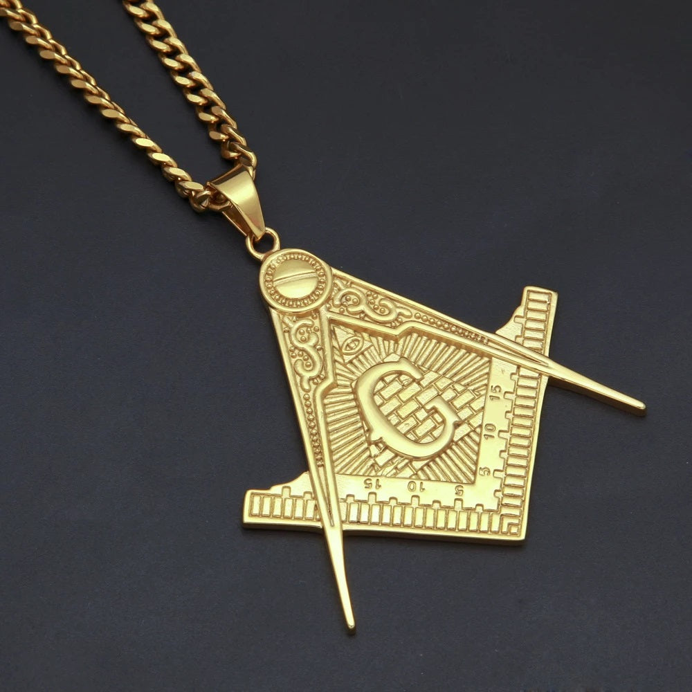 Master Mason Blue Lodge Necklace - All Seeing Eye Square and Compass G 316L Stainless Steel - Bricks Masons