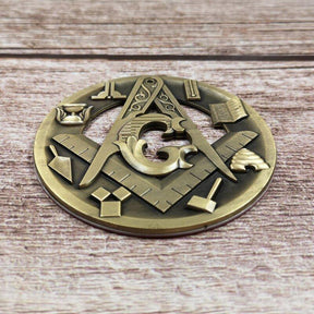 Master Mason Blue Lodge Car Emblem - 3D Auto Emblem Compass And Square Tools Medallion - Bricks Masons