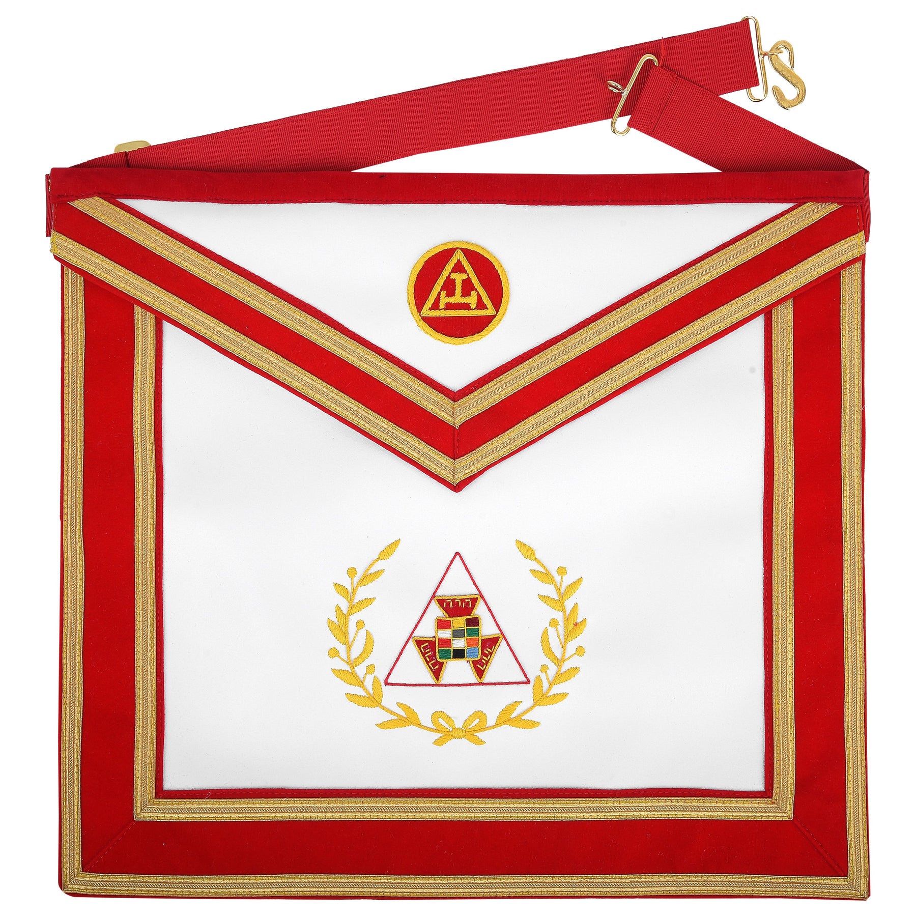 Past Grand High Priest Royal Arch Chapter Apron - Red Velvet With Gold Wreath - Bricks Masons