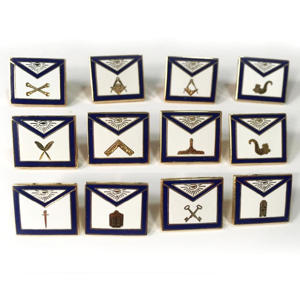 1 Set of 12 Pieces 3/4" Brass Set of Masonic Apron Lapel Pins - Bricks Masons
