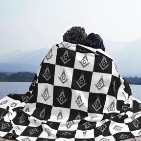 Master Mason Blue Lodge Blanket - Checkered Square and Compass G Coral Fleece - Bricks Masons