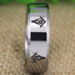 Silver Bevel Freemason Masonic Tungsten Ring Free Engraving - Bricks Masons