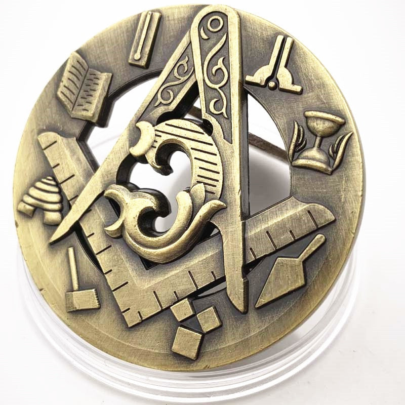 Master Mason Blue Lodge Coin - 3D Compass And Square G Commemorative Bronze Plated - Bricks Masons