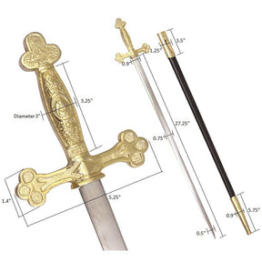 Masonic Ceremonial Sword Square Compass Gold Hilt + Free Case - Bricks Masons