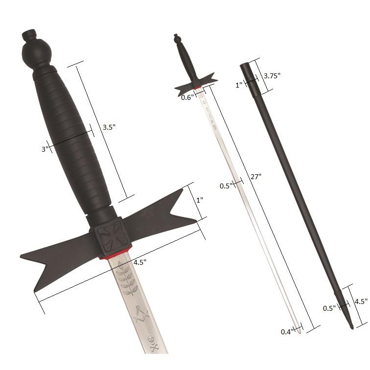 Masonic Knights Templar Sword with Black Hilt and Black Scabbard 35 3/4" + Free Case - Bricks Masons