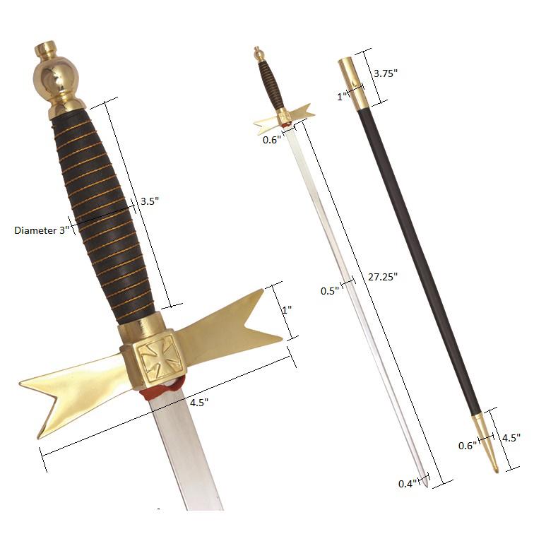 Masonic Knights Templar Sword with Black Gold Hilt and Black Scabbard 35 3/4" + Free Case - Bricks Masons